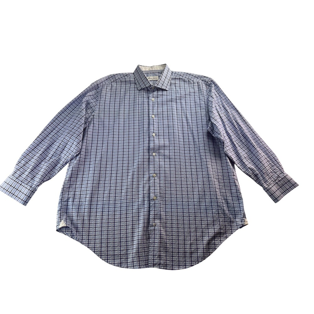 Robert Graham Mens Blue White Plaid Button Down Shirt 100% Cotton‎ Size 18 34/35